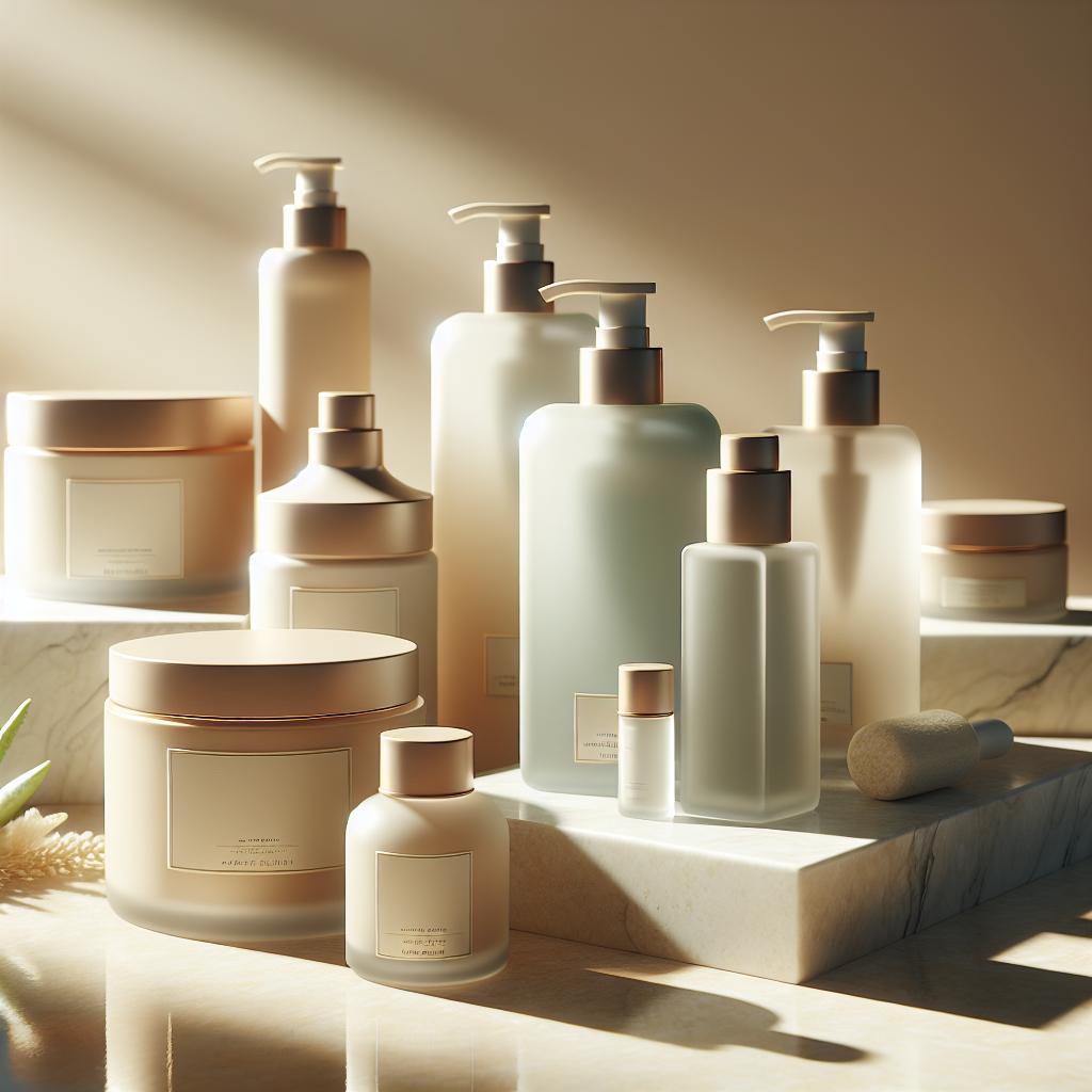 Elegantes Skincare-Setup im warmen natürlichen Sommerlicht mit hochwertigen Pflegeprodukten auf hellem Stein, ruhige Komposition und viel Freifläche für Text.
